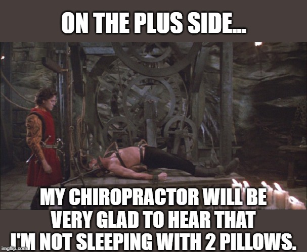 Princess Bride Torture | ON THE PLUS SIDE... MY CHIROPRACTOR WILL BE VERY GLAD TO HEAR THAT I'M NOT SLEEPING WITH 2 PILLOWS. | image tagged in princess bride torture,chiropractor,pillow | made w/ Imgflip meme maker
