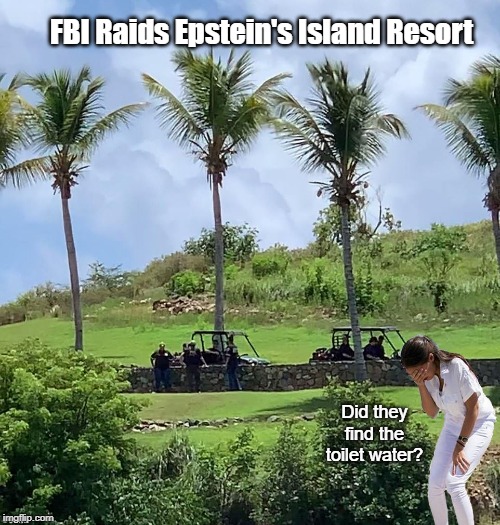 FBI on a day of leisure at Epstein's island | FBI Raids Epstein's Island Resort; Did they find the toilet water? | image tagged in fbi,aoc,jeffrey epstein,aoctoilet water | made w/ Imgflip meme maker