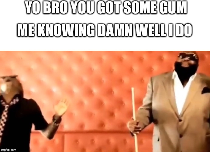 YO BRO YOU GOT SOME GUM; ME KNOWING DAMN WELL I DO | image tagged in rick ross | made w/ Imgflip meme maker