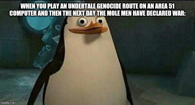 Confused Private Penguin | WHEN YOU PLAY AN UNDERTALE GENOCIDE ROUTE ON AN AREA 51 COMPUTER AND THEN THE NEXT DAY THE MOLE MEN HAVE DECLARED WAR: | image tagged in confused private penguin | made w/ Imgflip meme maker