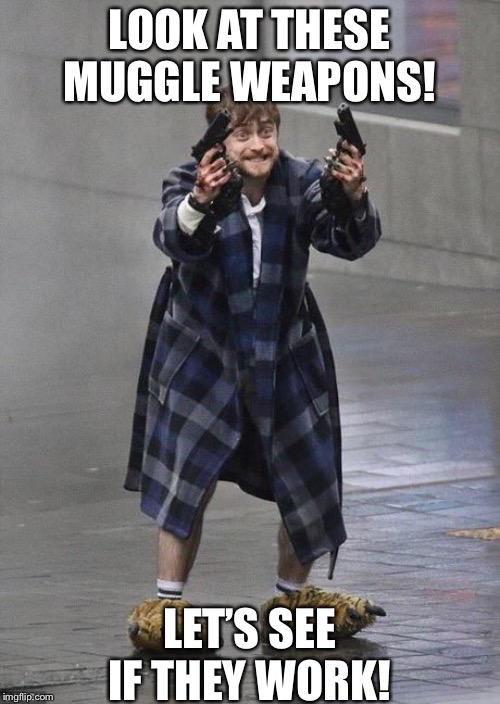 Harry Potter Guns | LOOK AT THESE MUGGLE WEAPONS! LET’S SEE IF THEY WORK! | image tagged in harry potter guns | made w/ Imgflip meme maker
