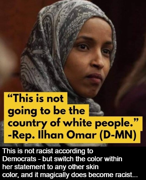 Don't feed me that shit about blacks not being racist! | This is not racist according to Democrats - but switch the color within her statement to any other skin color, and it magically does become racist... | image tagged in racism,ilhan omar,black racism,liberal hypocrisy,sedition,treason | made w/ Imgflip meme maker