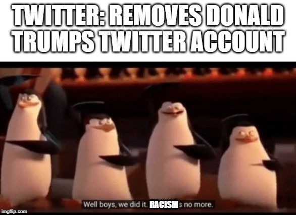 When will they figure it out? | TWITTER: REMOVES DONALD TRUMPS TWITTER ACCOUNT; RACISM | image tagged in well boys we did it blank is no more,donald trump,twitter,end racism,penguins of madagasgar | made w/ Imgflip meme maker