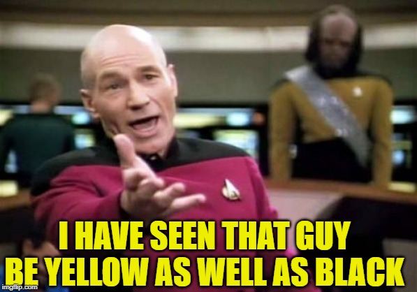 Picard Wtf Meme | I HAVE SEEN THAT GUY BE YELLOW AS WELL AS BLACK | image tagged in memes,picard wtf | made w/ Imgflip meme maker