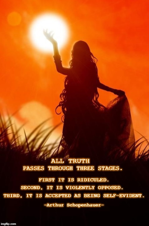 ALL TRUTH; PASSES THROUGH THREE STAGES. FIRST IT IS RIDICULED. SECOND, IT IS VIOLENTLY OPPOSED. THIRD, IT IS ACCEPTED AS BEING SELF-EVIDENT. -Arthur Schopenhauer- | image tagged in truth,ridiculous,argument,self esteem | made w/ Imgflip meme maker