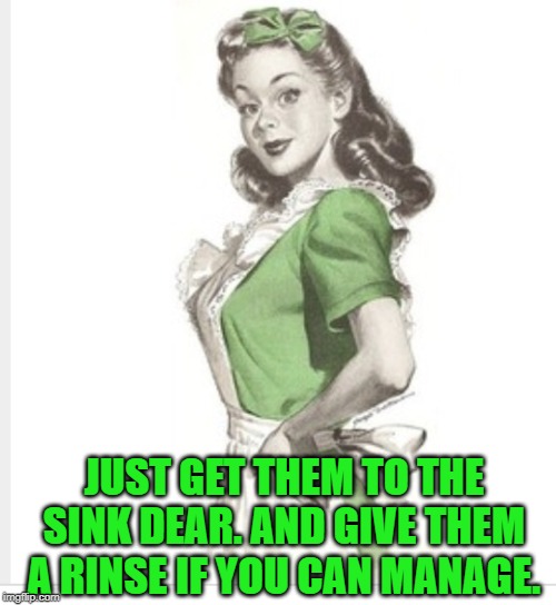 50's housewife | JUST GET THEM TO THE SINK DEAR. AND GIVE THEM A RINSE IF YOU CAN MANAGE. | image tagged in 50's housewife | made w/ Imgflip meme maker