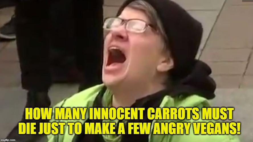 Screaming Liberal  | HOW MANY INNOCENT CARROTS MUST DIE JUST TO MAKE A FEW ANGRY VEGANS! | image tagged in screaming liberal | made w/ Imgflip meme maker