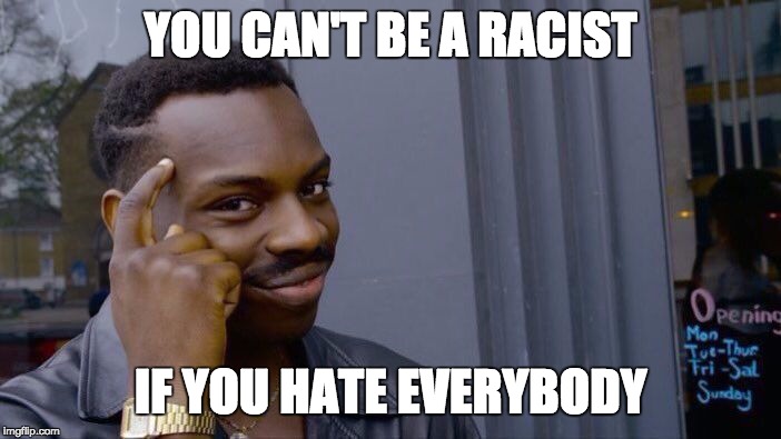 Roll Safe Think About It Meme | YOU CAN'T BE A RACIST; IF YOU HATE EVERYBODY | image tagged in memes,roll safe think about it | made w/ Imgflip meme maker