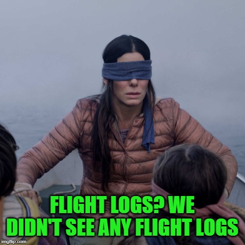 Bird Box Meme | FLIGHT LOGS? WE DIDN'T SEE ANY FLIGHT LOGS | image tagged in memes,bird box | made w/ Imgflip meme maker