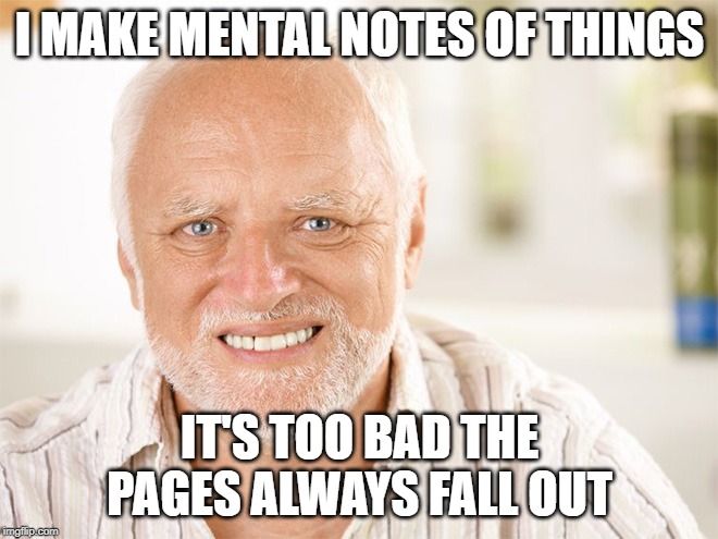 Awkward smiling old man | I MAKE MENTAL NOTES OF THINGS; IT'S TOO BAD THE PAGES ALWAYS FALL OUT | image tagged in awkward smiling old man,mental,do you remember,remember,notes | made w/ Imgflip meme maker