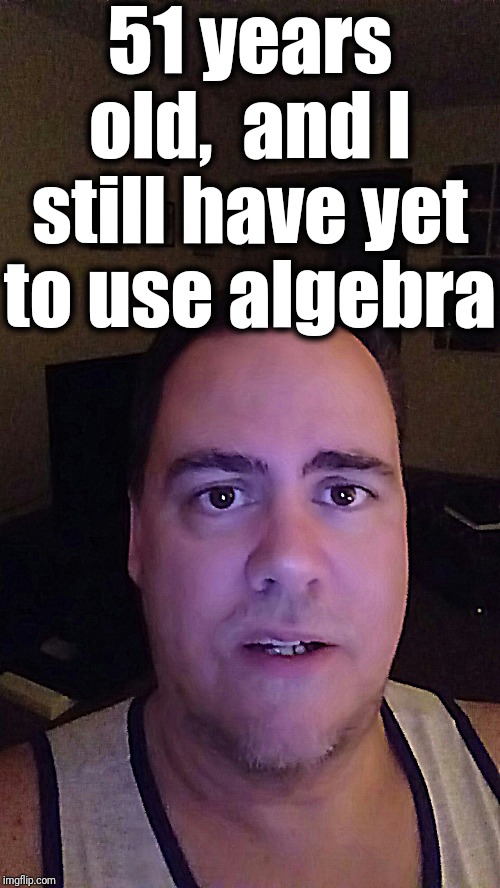 But if we can't figure it out in school, we flunk! | 51 years old,  and I still have yet to use algebra | image tagged in beckett347,algebra | made w/ Imgflip meme maker