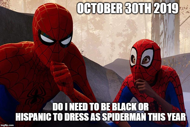 Learning from spiderman | OCTOBER 30TH 2019; DO I NEED TO BE BLACK OR HISPANIC TO DRESS AS SPIDERMAN THIS YEAR | image tagged in learning from spiderman | made w/ Imgflip meme maker