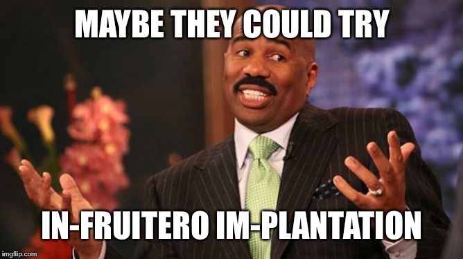 Steve Harvey Meme | MAYBE THEY COULD TRY IN-FRUITERO IM-PLANTATION | image tagged in memes,steve harvey | made w/ Imgflip meme maker