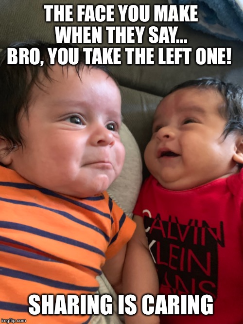 THE FACE YOU MAKE WHEN THEY SAY...
BRO, YOU TAKE THE LEFT ONE! SHARING IS CARING | image tagged in babies,sharing is caring | made w/ Imgflip meme maker