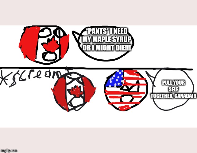 Just get him the Maple Syrup, America!!! | *PANTS* I NEED MY MAPLE SYRUP OR I MIGHT DIE!!! PULL YOUR SELF TOGETHER, CANADA!!! | image tagged in pull you self together canada | made w/ Imgflip meme maker