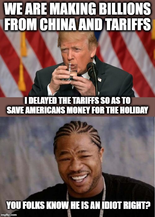 Lets stop "making money" for the holidays. | WE ARE MAKING BILLIONS FROM CHINA AND TARIFFS; I DELAYED THE TARIFFS SO AS TO SAVE AMERICANS MONEY FOR THE HOLIDAY; YOU FOLKS KNOW HE IS AN IDIOT RIGHT? | image tagged in memes,yo dawg heard you,politics,maga,impeach trump,idiot | made w/ Imgflip meme maker