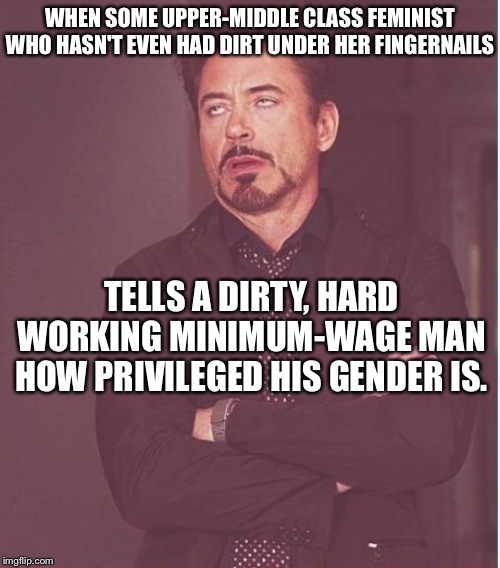 Face You Make Robert Downey Jr | WHEN SOME UPPER-MIDDLE CLASS FEMINIST WHO HASN'T EVEN HAD DIRT UNDER HER FINGERNAILS; TELLS A DIRTY, HARD WORKING MINIMUM-WAGE MAN HOW PRIVILEGED HIS GENDER IS. | image tagged in memes,face you make robert downey jr | made w/ Imgflip meme maker