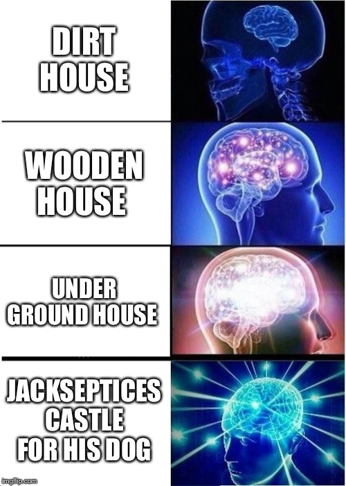 Expanding Brain | DIRT HOUSE; WOODEN HOUSE; UNDER GROUND HOUSE; JACKSEPTICES CASTLE FOR HIS DOG | image tagged in memes,expanding brain | made w/ Imgflip meme maker