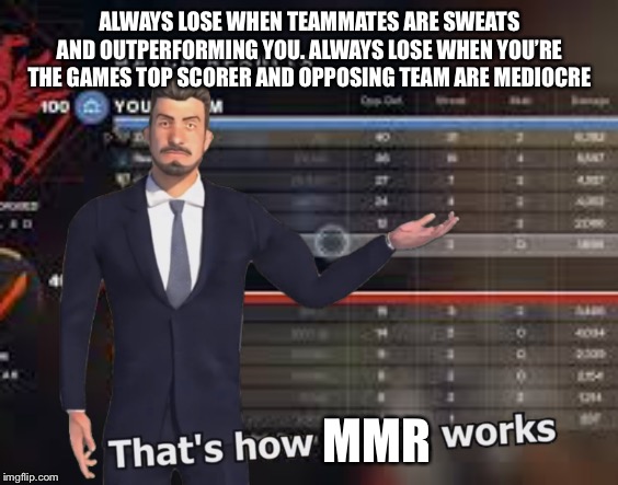 ALWAYS LOSE WHEN TEAMMATES ARE SWEATS AND OUTPERFORMING YOU. ALWAYS LOSE WHEN YOU’RE THE GAMES TOP SCORER AND OPPOSING TEAM ARE MEDIOCRE; MMR | made w/ Imgflip meme maker