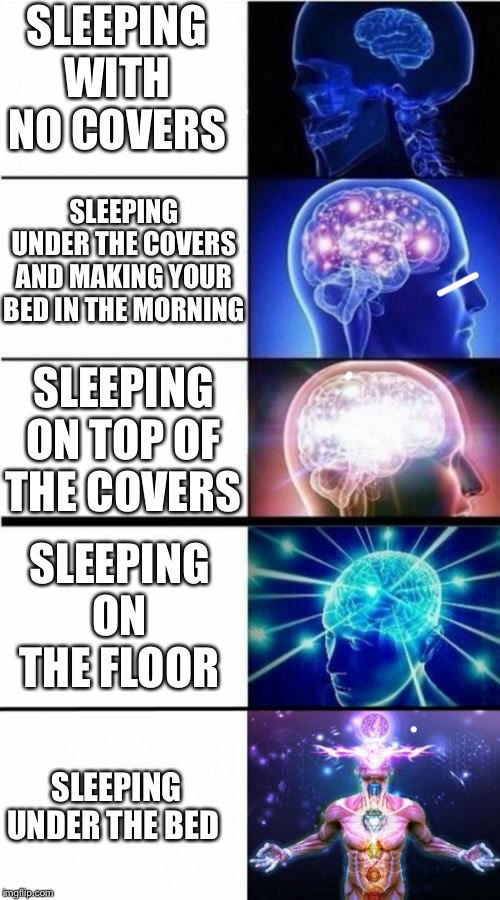 When you REALLY don’t like making your bed... | SLEEPING WITH NO COVERS; SLEEPING UNDER THE COVERS AND MAKING YOUR BED IN THE MORNING; SLEEPING ON TOP OF THE COVERS; SLEEPING ON THE FLOOR; SLEEPING UNDER THE BED | image tagged in expanding brain meme | made w/ Imgflip meme maker