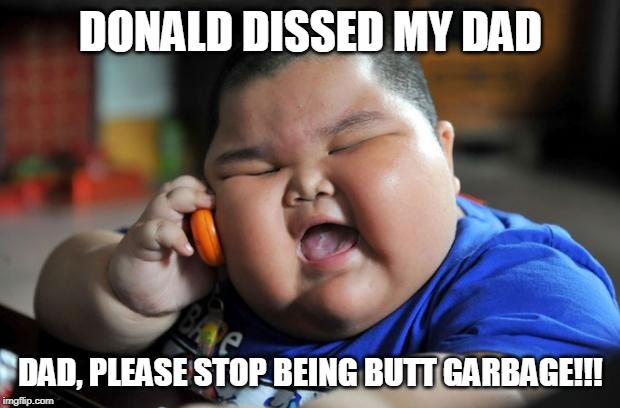 Fat Asian Kid | DONALD DISSED MY DAD DAD, PLEASE STOP BEING BUTT GARBAGE!!! | image tagged in fat asian kid | made w/ Imgflip meme maker