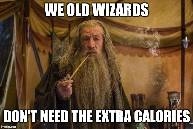 Weed gandalf | WE OLD WIZARDS DON'T NEED THE EXTRA CALORIES | image tagged in weed gandalf | made w/ Imgflip meme maker
