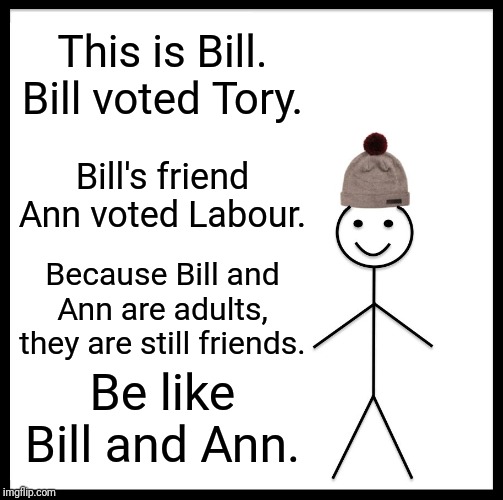 Be Like Bill Meme | This is Bill. Bill voted Tory. Bill's friend Ann voted Labour. Because Bill and Ann are adults, they are still friends. Be like Bill and Ann. | image tagged in memes,be like bill | made w/ Imgflip meme maker