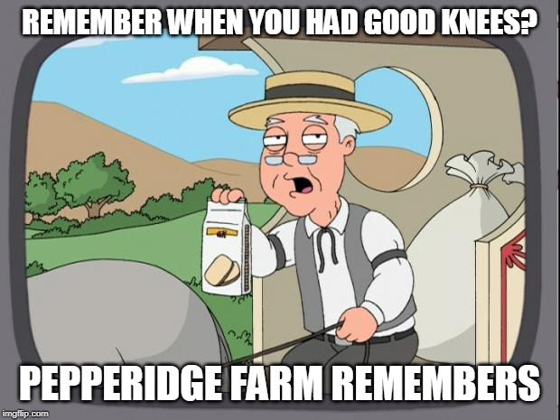 Pepridge farms | REMEMBER WHEN YOU HAD GOOD KNEES? PEPPERIDGE FARM REMEMBERS | image tagged in pepridge farms | made w/ Imgflip meme maker