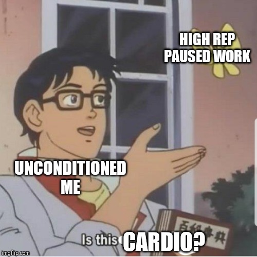 Butterfly man | HIGH REP PAUSED WORK; UNCONDITIONED ME; CARDIO? | image tagged in butterfly man | made w/ Imgflip meme maker