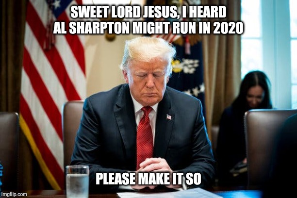 Al Sharpton 2020 | SWEET LORD JESUS, I HEARD AL SHARPTON MIGHT RUN IN 2020; PLEASE MAKE IT SO | image tagged in donald trump,al sharpton,politics | made w/ Imgflip meme maker