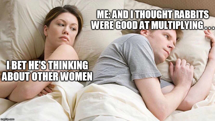 I BET HE'S THINKING ABOUT OTHER WOMEN ME: AND I THOUGHT RABBITS WERE GOOD AT MULTIPLYING . . . | image tagged in i bet he's thinking about other women | made w/ Imgflip meme maker