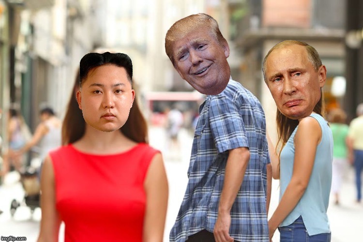 So many dictators, so little time. | image tagged in distracted boyfriend,trump,vladimir putin,kim jong un | made w/ Imgflip meme maker