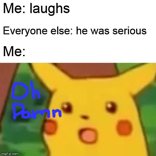 Me: laughs Everyone else: he was serious Me: | image tagged in memes,surprised pikachu | made w/ Imgflip meme maker