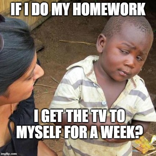 Third World Skeptical Kid | IF I DO MY HOMEWORK; I GET THE TV TO MYSELF FOR A WEEK? | image tagged in memes,third world skeptical kid | made w/ Imgflip meme maker
