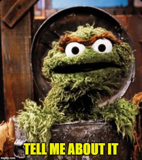 Oscar the Grouch | TELL ME ABOUT IT | image tagged in oscar the grouch | made w/ Imgflip meme maker