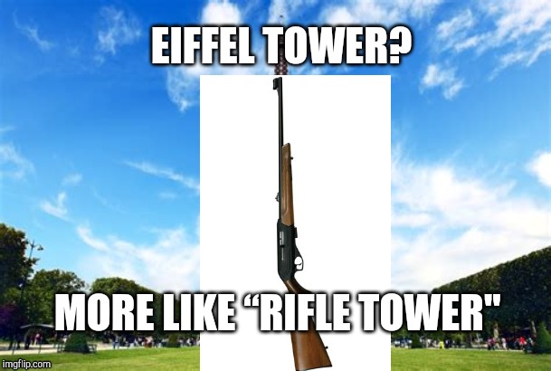 An insult to Paris | EIFFEL TOWER? MORE LIKE “RIFLE TOWER" | image tagged in puns | made w/ Imgflip meme maker