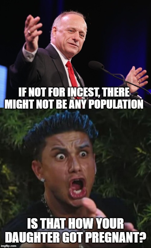 Iowa... what the ((*# is wrong with you electing this guy? | IF NOT FOR INCEST, THERE MIGHT NOT BE ANY POPULATION; IS THAT HOW YOUR DAUGHTER GOT PREGNANT? | image tagged in memes,dj pauly d,steve king,incest,rape | made w/ Imgflip meme maker