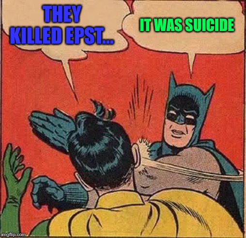 Too soon? | THEY KILLED EPST... IT WAS SUICIDE | image tagged in memes,batman slapping robin | made w/ Imgflip meme maker