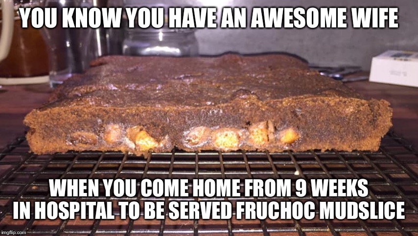YOU KNOW YOU HAVE AN AWESOME WIFE; WHEN YOU COME HOME FROM 9 WEEKS IN HOSPITAL TO BE SERVED FRUCHOC MUDSLICE | image tagged in fruchocs,hospital,mud slice,wife,bake,cooking | made w/ Imgflip meme maker