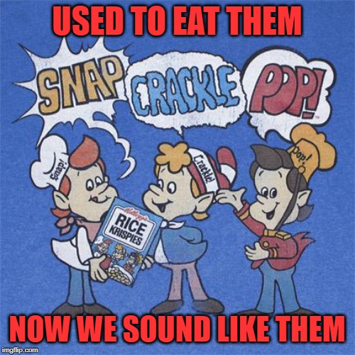Rice Krispies | USED TO EAT THEM NOW WE SOUND LIKE THEM | image tagged in rice krispies | made w/ Imgflip meme maker