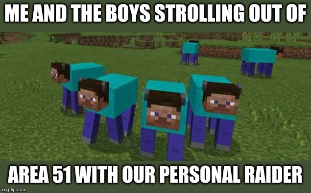 Me and the Boys... area 51 | ME AND THE BOYS STROLLING OUT OF; AREA 51 WITH OUR PERSONAL RAIDER | image tagged in area 51,minecraft | made w/ Imgflip meme maker