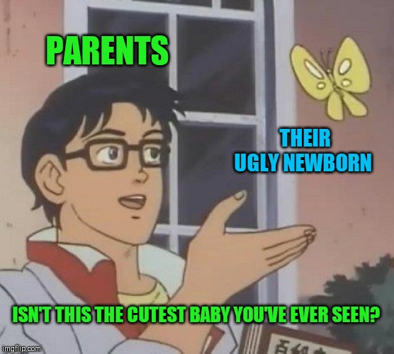 Is This A Pigeon Meme | PARENTS; THEIR UGLY NEWBORN; ISN'T THIS THE CUTEST BABY YOU'VE EVER SEEN? | image tagged in memes,is this an ugly baby,just a joke,not all babies are cute | made w/ Imgflip meme maker