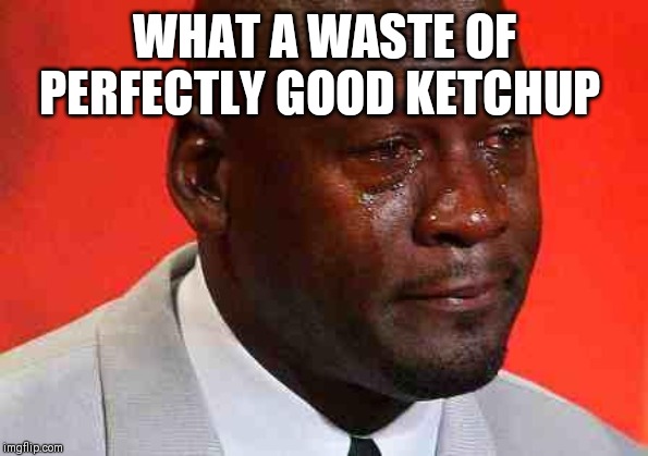 crying michael jordan | WHAT A WASTE OF PERFECTLY GOOD KETCHUP | image tagged in crying michael jordan | made w/ Imgflip meme maker