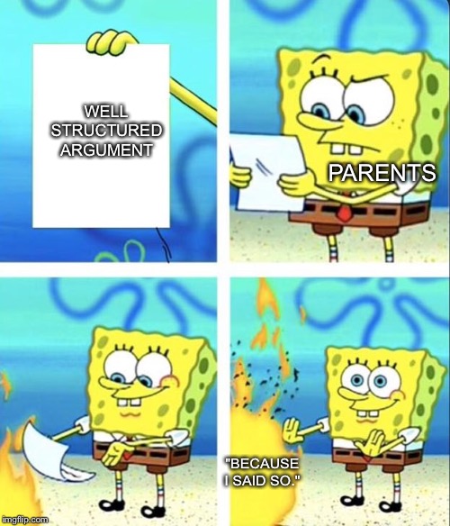 Spongebob yeet | PARENTS; WELL STRUCTURED ARGUMENT; "BECAUSE I SAID SO." | image tagged in spongebob yeet | made w/ Imgflip meme maker