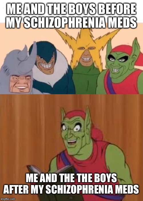 ME AND THE BOYS BEFORE MY SCHIZOPHRENIA MEDS; ME AND THE THE BOYS AFTER MY SCHIZOPHRENIA MEDS | image tagged in memes,me and the boys | made w/ Imgflip meme maker