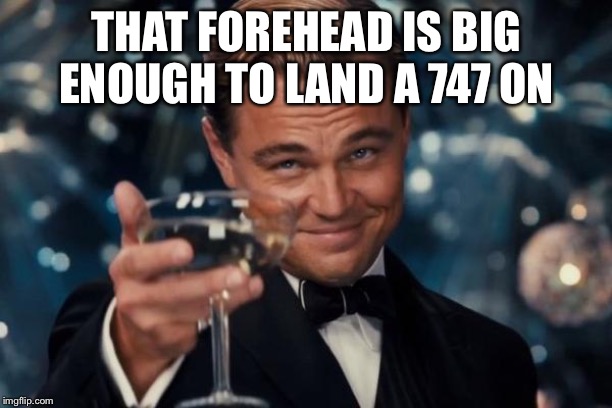 Leonardo Dicaprio Cheers Meme | THAT FOREHEAD IS BIG ENOUGH TO LAND A 747 ON | image tagged in memes,leonardo dicaprio cheers | made w/ Imgflip meme maker
