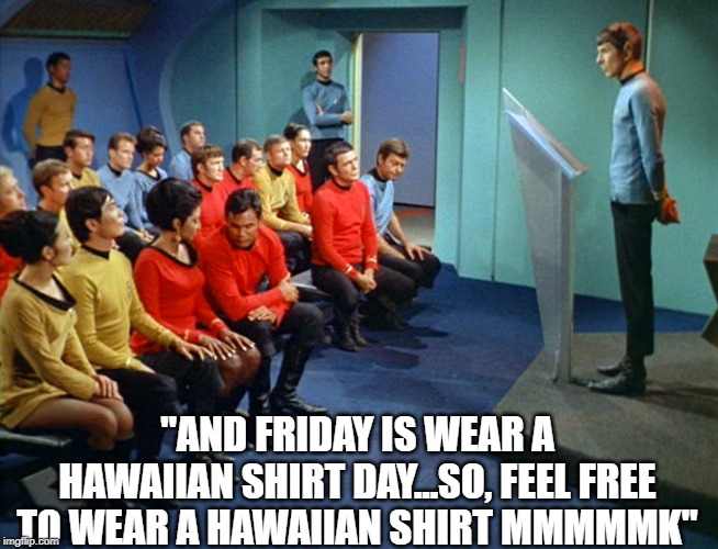 Spock Lumberg | "AND FRIDAY IS WEAR A HAWAIIAN SHIRT DAY...SO, FEEL FREE TO WEAR A HAWAIIAN SHIRT MMMMMK" | image tagged in star trek meeting | made w/ Imgflip meme maker