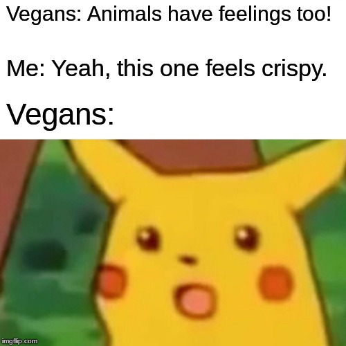 Vegans: Animals have feelings too! Me: Yeah, this one feels crispy. Vegans: | image tagged in memes,surprised pikachu | made w/ Imgflip meme maker