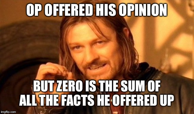 One Does Not Simply Meme | OP OFFERED HIS OPINION BUT ZERO IS THE SUM OF ALL THE FACTS HE OFFERED UP | image tagged in memes,one does not simply | made w/ Imgflip meme maker