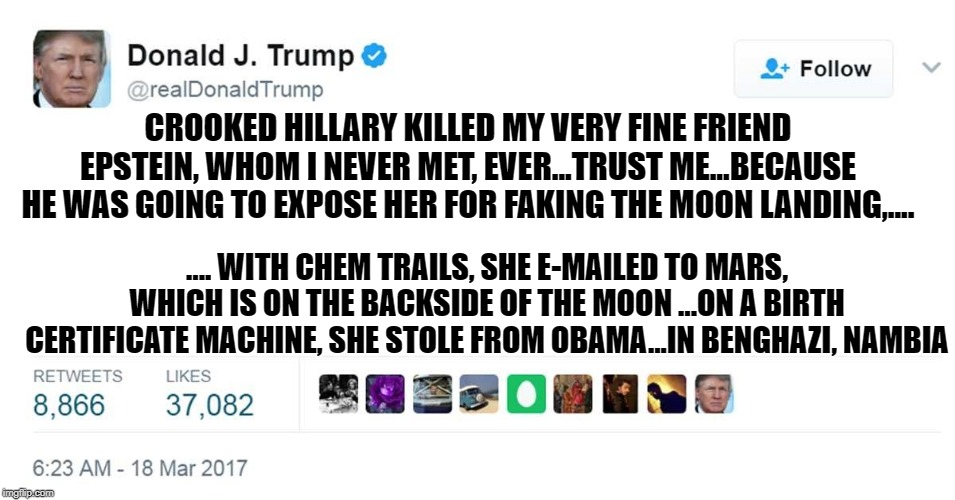 TRUMP TWEET BLANK | CROOKED HILLARY KILLED MY VERY FINE FRIEND EPSTEIN, WHOM I NEVER MET, EVER...TRUST ME...BECAUSE HE WAS GOING TO EXPOSE HER FOR FAKING THE MOON LANDING,.... .... WITH CHEM TRAILS, SHE E-MAILED TO MARS, WHICH IS ON THE BACKSIDE OF THE MOON ...ON A BIRTH CERTIFICATE MACHINE, SHE STOLE FROM OBAMA...IN BENGHAZI, NAMBIA | image tagged in trump tweet blank | made w/ Imgflip meme maker